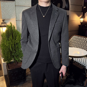 秋冬装英伦男士毛呢条纹西服外套时尚休闲加厚单西军绿色X36-P155图片