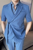春季纯色休闲男士中袖斜扣西服英伦时尚九分西裤套装LJT39-P200，男装西服，电商C308