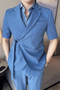春季 纯色休闲男士中袖斜扣西服英伦时尚九分西裤套装LJT39-P200图片