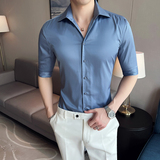 雅痞青年个性一字V领衬衫中袖帅气修身休闲立领痞帅衬衣男C01-P60，男装衬衫，电商C308