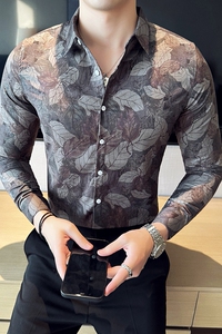 高级感修身花衬衫时尚衬衣男长袖衬衫质感潮流衬衫白色C2025-P63图片