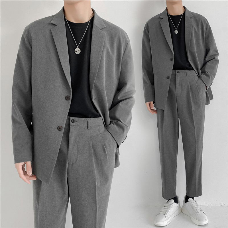 轻熟风英伦纯色二粒扣宽松西服+阔版休闲九分裤套装TZ16-P215，男装西服，电商C308