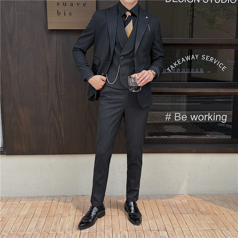 英伦修身男士二粒扣条纹西服三件套新郎伴郎套装灰色SJT918-P300,男装西服,电商C308
