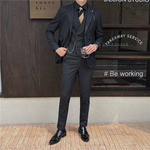 英伦修身男士二粒扣条纹西服三件套新郎伴郎套装灰色SJT918-P300图片