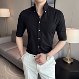 雅痞个性青年条纹V领衬衫中袖帅气修身休闲立领痞帅衬衣男C03-P68，男装衬衫，电商C308