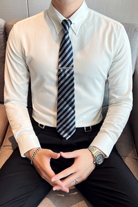 网红大领衬衫男长袖薄款潮流帅气修身休闲立领纯色衬衣蓝C51-P68图片