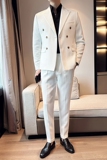 华夫格西装两件套男士休闲套装双排扣西服套装白色LJT906-P225，男装西服套装，电商C308