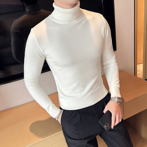秋冬韩版高领修身打底衫套头纯色针织衫精致毛衣白色B5553-P50，男装T恤，电商C308