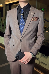 韩版修身男士一粒扣条纹西服二件套新郎伴郎套装咖啡色LJT28-P220图片