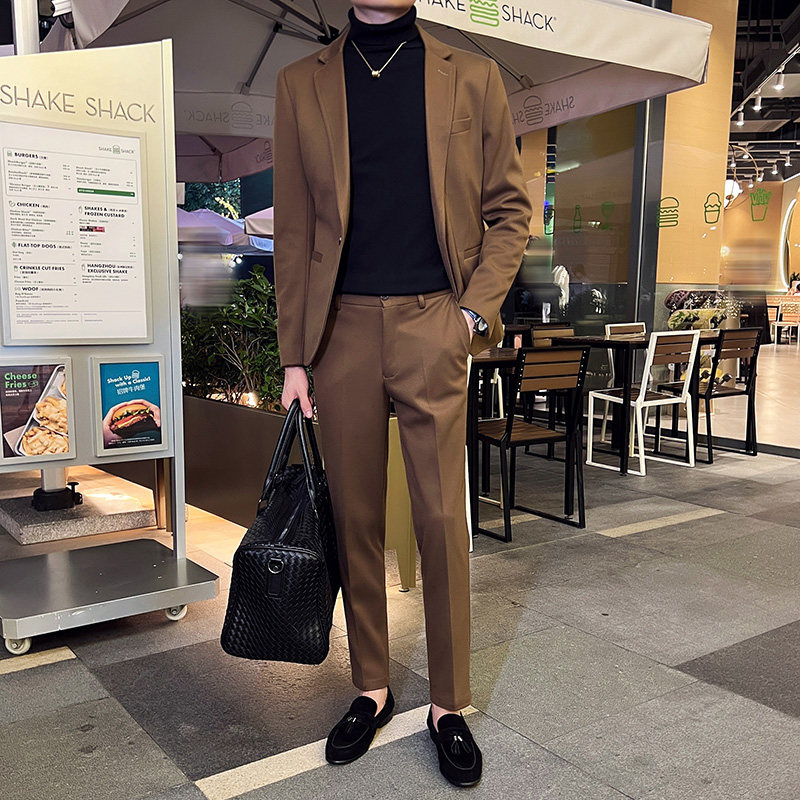 秋冬英伦韩版修身男士商务休闲一粒扣呢料西服套装灰色LJT33-P220,男装西服套装,电商C308