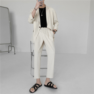 23夏款轻熟风英伦纯色宽松中袖西服+阔版九分裤套装 TZ15-P195图片