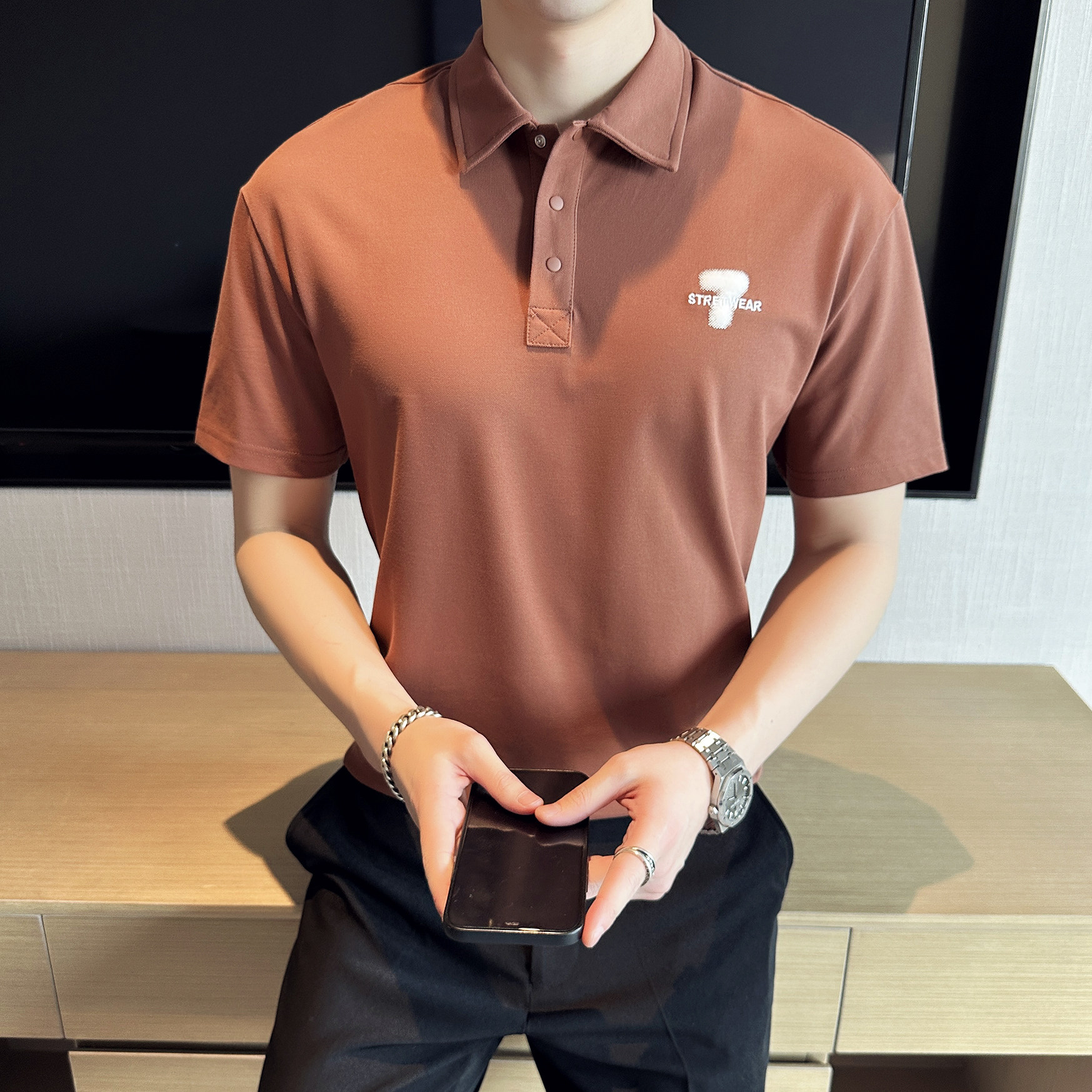夏季男士休闲polo衫t恤 潮流修身翻领半袖polo衫朱红色C10010-P58图片