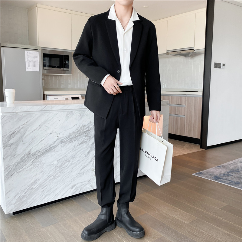 轻熟风英伦纯色一粒扣西服套装阔版宽松休闲小西装黑色TZ17-P220，男装西服套装，电商C308