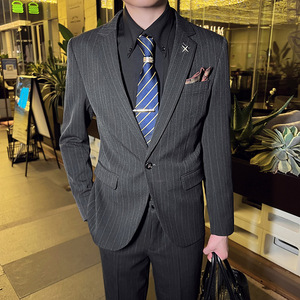 韩版修身男士一粒扣条纹西服二件套新郎伴郎套装咖啡色LJT28-P220图片