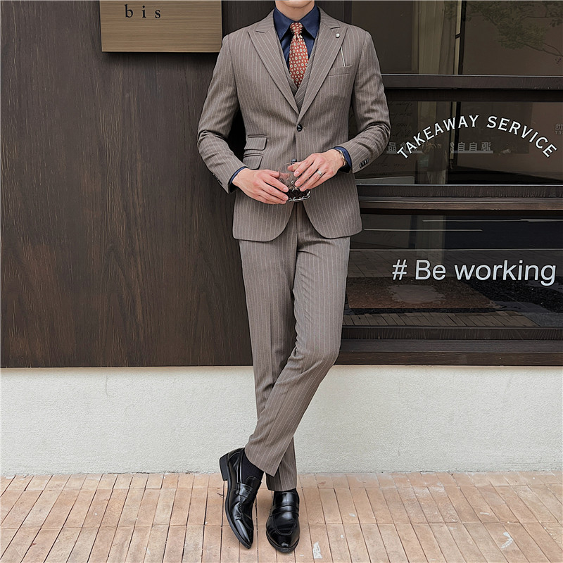 英伦修身男士二粒扣条纹西服三件套新郎伴郎礼服套装SJT918-P300,男装西服,电商C308