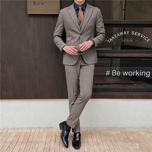 英伦修身男士二粒扣条纹西服三件套新郎伴郎礼服套装SJT918-P300图片