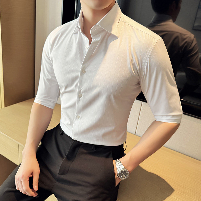 春夏大领衬衫男中袖薄款潮流帅气修身休闲条纹时尚衬衣C2405-P65，男装衬衫，电商C308