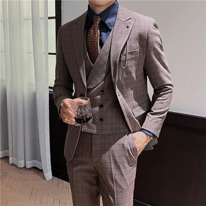 英伦修身男士二粒扣格子西服三件套新郎伴郎礼服套装SJT919-P300图片