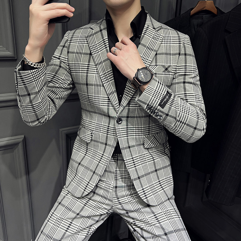 春夏款 英伦韩版修身男士商务休闲格子西服外套X818-P150图片
