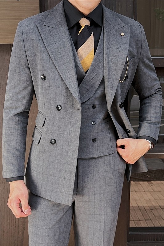 英伦修身男士双排扣格子西服三件套新郎伴郎礼服套装SJT920-P300,男装西服,电商C308