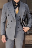 英伦修身男士双排扣格子西服三件套新郎伴郎礼服套装SJT920-P300，男装西服，电商C308