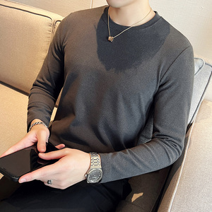 男士双面德绒长袖圆领打底衫韩版修身帅气套头内搭黑色C68001-P40图片