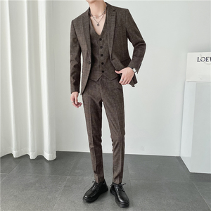 轻熟风ins秋冬韩版修身男士休闲格子西服套装三件套SJT956-特P260图片