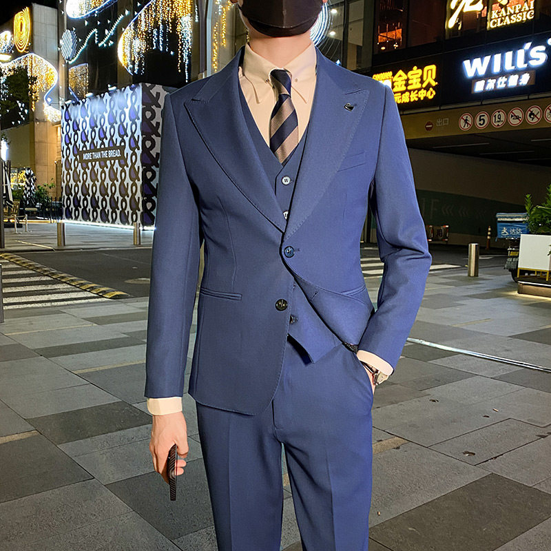 英伦韩版修身男士休闲商务二粒扣西服三件套装天蓝色SJT889-P290，男装西服，电商C308