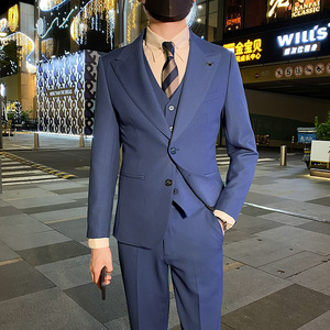 英伦韩版修身男士休闲商务二粒扣西服三件套装天蓝色SJT889-P290，男装西服，电商C308