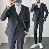 ins轻熟风韩版修身男士休闲双排扣条纹西服三件套装SJT903A-P265，男装西服，电商C308