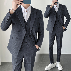轻熟风ins韩版修身男士双排扣条纹西服三件套装SJT903A-P265，男装西服，电商C308