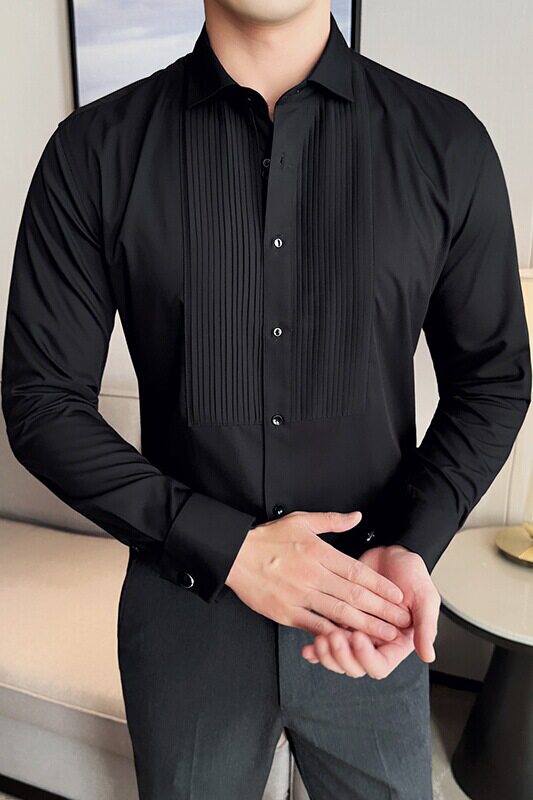 塔士多礼服法式扣衬衫新郎结婚长袖衬衫男拼接设计感衬衣Z015-P75,男装衬衫,电商C308