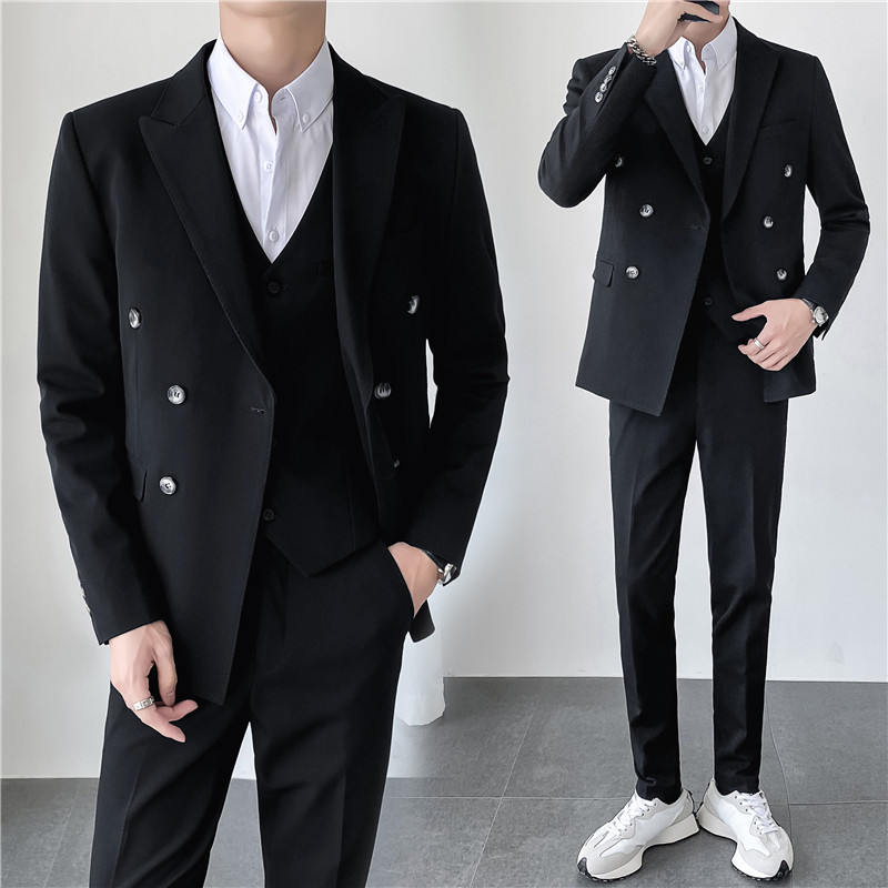 轻熟风ins韩版修身休闲纯色双排扣男士西服三件套装SJT830A-P280,男装西服,电商C308