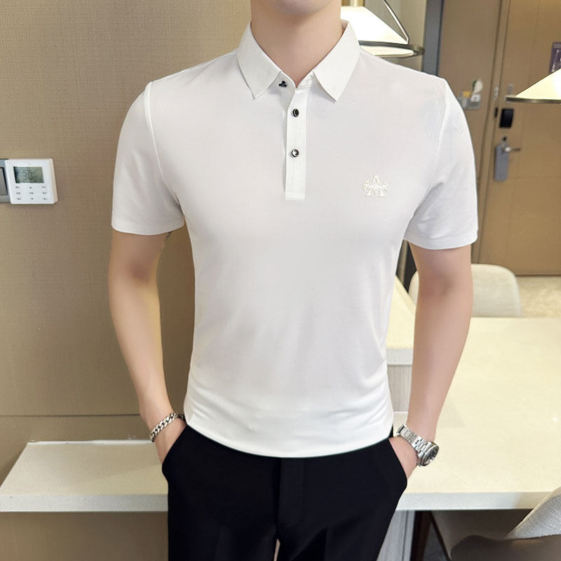 夏季冰丝高弹翻领无痕T恤男士光滑短袖POLO衫黑色PL2-P48,男装T恤,电商C308