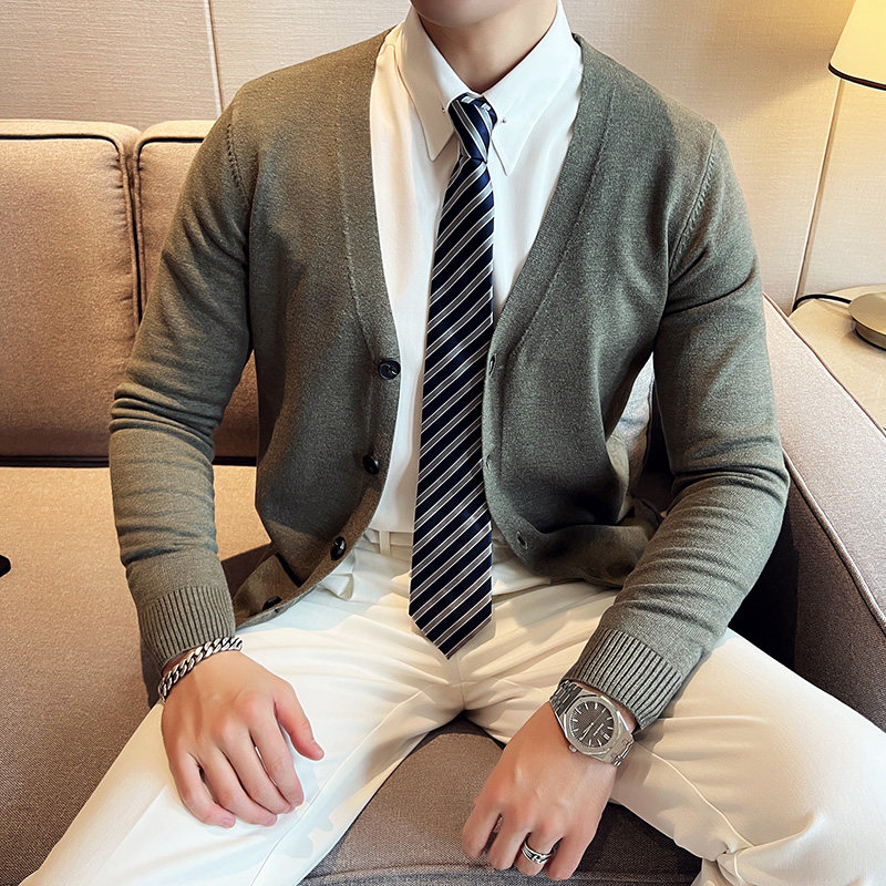 秋冬韩版修身落肩开衫毛衣潮流百搭休闲外套针织衫军绿B5556-P75，男装针织衫/毛衣，电商C308