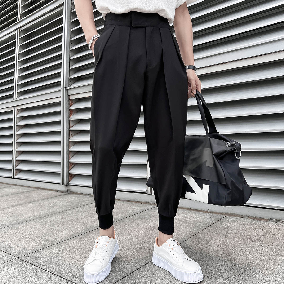 春夏款青春松紧腰魔术贴休闲裤男潮流束脚垂感西裤九分裤K03-P65，男装西裤，电商C308