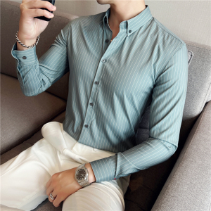 秋冬 韩版修身长袖衬衫男 英伦条纹男士衬衣 C88270-P65，男装衬衫，电商C308