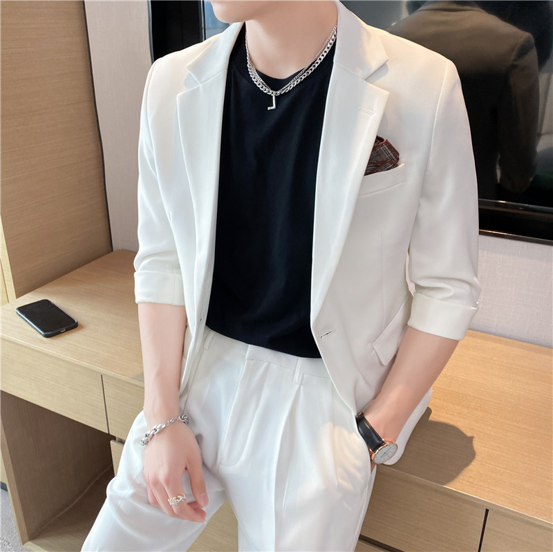 痞帅高级感纯色中袖男士休闲西服+英伦时尚青年短裤套装TZ04-P210，男装牛仔裤，电商C308