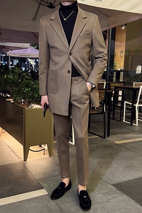秋冬英伦韩版修身男士商务休闲中长款西服呢料外套咖啡色X34-P170图片
