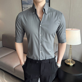 雅痞个性青年条纹V领衬衫中袖帅气修身休闲立领痞帅男衬衣C03-P68，男装衬衫，电商C308