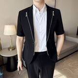 高品质纯色休闲男士中袖拉链西服英伦时尚九分西裤套装LJT38-P200，男装西服，电商C308