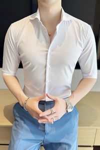 一字领衬衫男中袖薄款潮流帅气修身休闲纯色西服衬衣C2309-P65图片