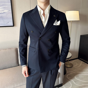 春季新款英伦韩版修身纯色双排扣男士休闲西服套装 LJT891-P230图片