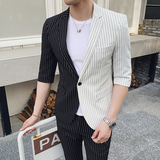 轻熟风潮男修身拼色条纹男士中袖西服+九分裤套装TZ121-P195，男装西服，电商C308