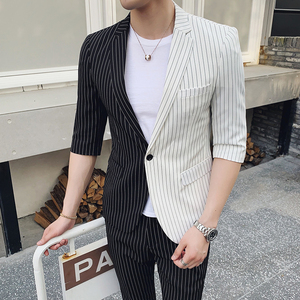 轻熟风潮男修身拼色条纹男士中袖西服+九分裤套装TZ121-P195图片
