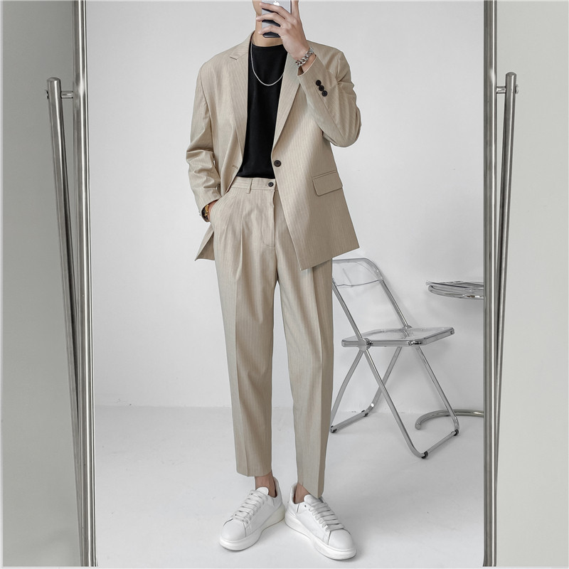 21春夏轻熟风英伦条纹长袖西服+阔版九分裤套装TZ14-P215，男装西服，电商C308