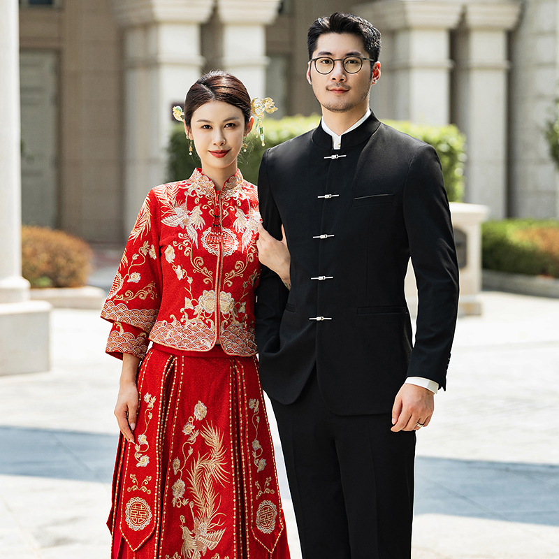 中式新郎西服套装婚礼伴郎礼服男士高级感立领西装LJT938-P205，男装西服套装，电商C308