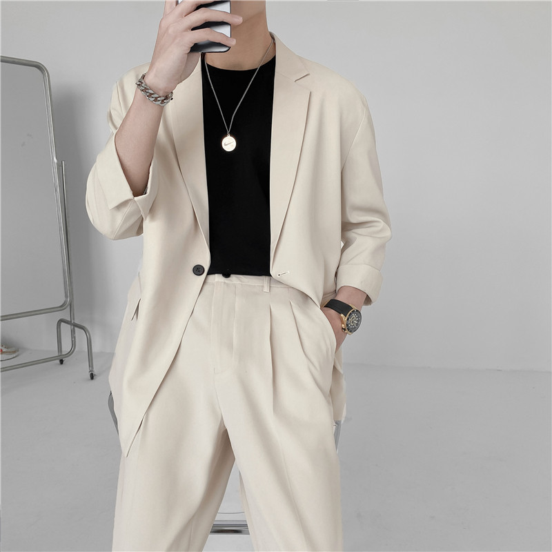 春夏款轻熟风英伦纯色宽松中袖西服+阔版九分裤套装TZ15-P195，男装西服，电商C308