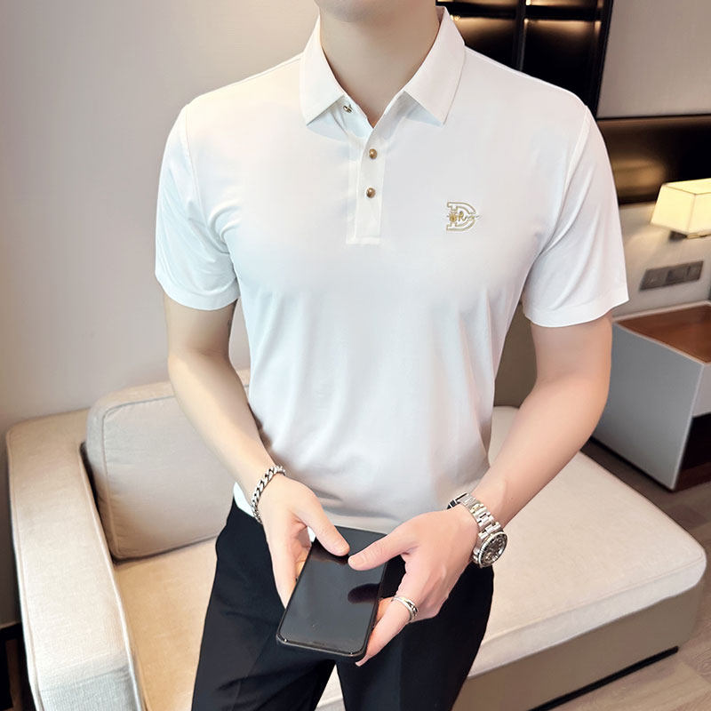 夏季 冰丝高弹刺绣翻领无痕T恤男士光滑短袖POLO衫白色PL1-P58图片