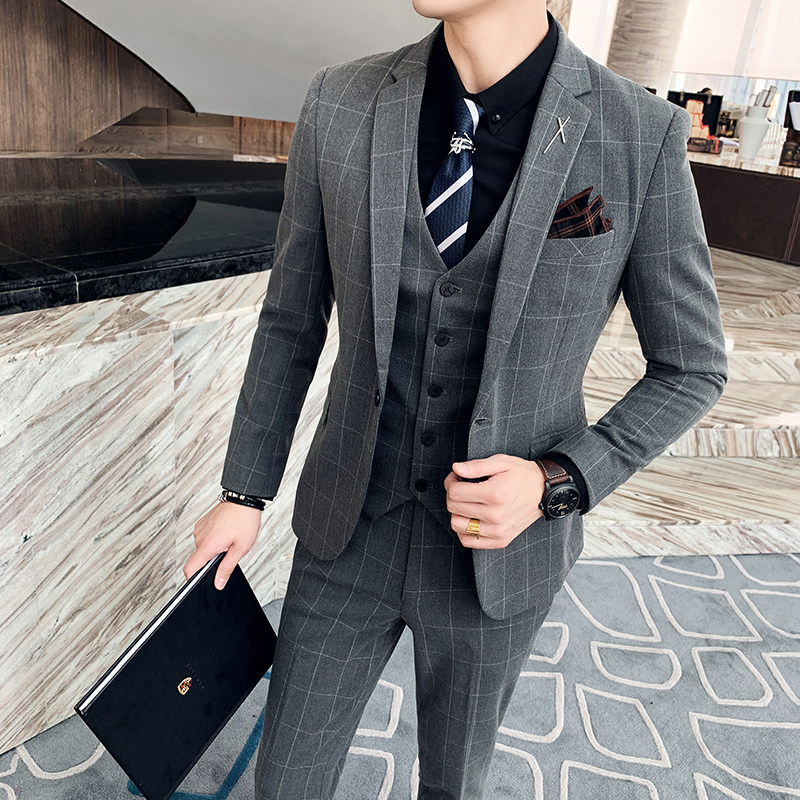 秋冬款英伦时尚格子修身男士西服+马甲+西裤三件套装SJT905-P280,男装西服,电商C308